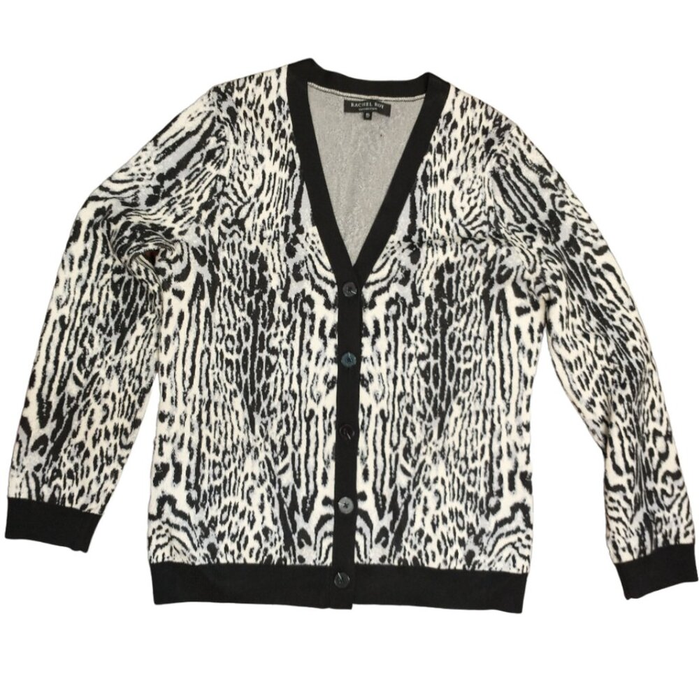 Rachel Roy Animal Print Cardigan Sweater Black and White XL